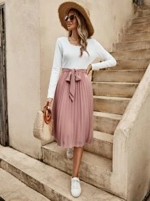 SHEIN Clasi Vestido con cinturón de dos tonos bajo fruncido - Multicolor - Ver 5