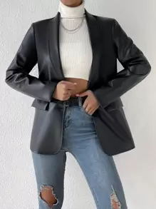 Firerie Shawl Collar Single Button PU Blazerwinter,Business Casual, Elegant,Black, PU - Black - View 4