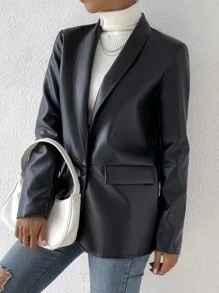 Firerie Shawl Collar Single Button PU Blazerwinter,Business Casual, Elegant,Black, PU - Black - View 5