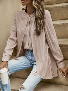 SHEIN Clasi Áo sơ mi nữ Nút phía trước màu trơn Giải trí - Màu Hồng baby - Xem 4