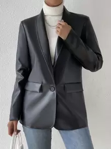 Firerie Shawl Collar Single Button PU Blazerwinter,Business Casual, Elegant,Black, PU - Black - View 6