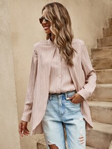 SHEIN Clasi Áo sơ mi nữ Nút phía trước màu trơn Giải trí - Màu Hồng baby - Xem 6