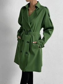 落肩袖肩章設計雙排釦搭扣腰帶風衣外套 - 青檸色 - 查看 5