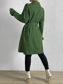 落肩袖肩章設計雙排釦搭扣腰帶風衣外套 - 青檸色 - 查看 2