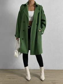 落肩袖肩章設計雙排釦搭扣腰帶風衣外套 - 青檸色 - 查看 6