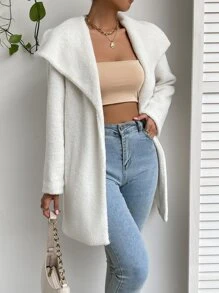 SHEIN EZwear Waterfall Collar Open Front Teddy Coat - White - View 3