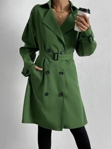 落肩袖肩章設計雙排釦搭扣腰帶風衣外套 - 青檸色 - 查看 3