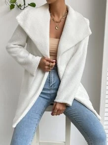 SHEIN EZwear Waterfall Collar Open Front Teddy Coat - White - View 4