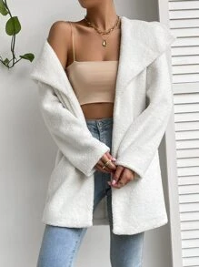 SHEIN EZwear Waterfall Collar Open Front Teddy Coat - White - View 5