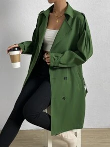落肩袖肩章設計雙排釦搭扣腰帶風衣外套 - 青檸色 - 查看 1