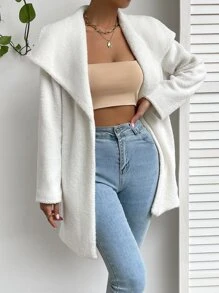 SHEIN EZwear Waterfall Collar Open Front Teddy Coat - White - View 6