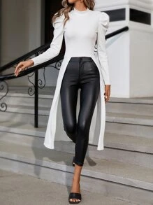 SHEIN Privé Gigot Sleeve Asymmetrical Hem Tee - White - View 5