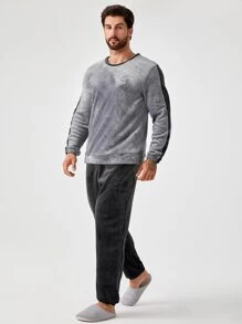 Men Slogan Embroidery Contrast Side Seam Top & Pants PJ Fluffy Set, Fall Winter Clothes, Cozy - Grey - View 1