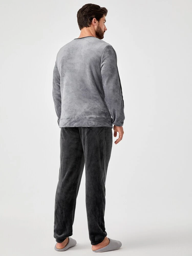 Men Slogan Embroidery Contrast Side Seam Top & Pants PJ Fluffy Set, Fall Winter Clothes, Cozy