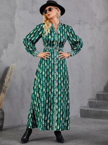 滿版樹葉印花缺口領洋裝 - 綠色 - 查看 1