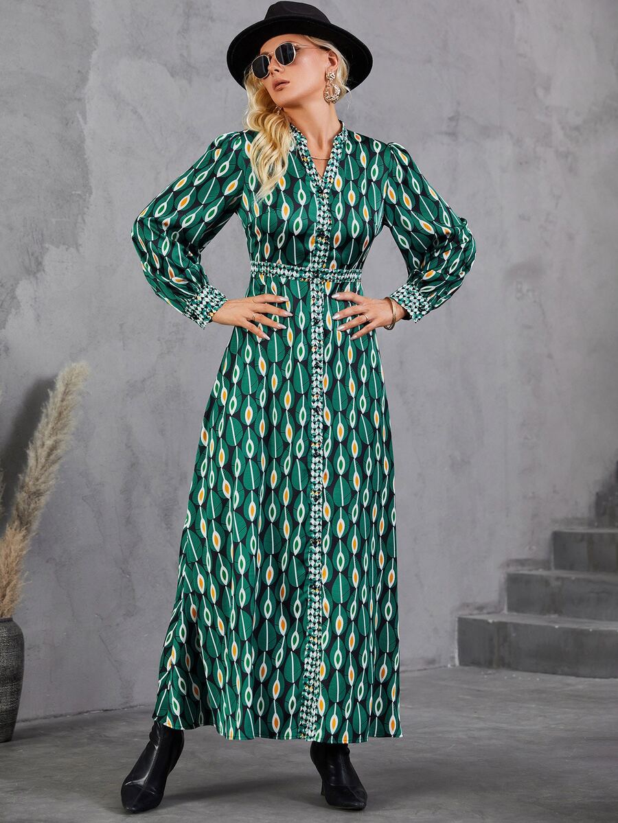 滿版樹葉印花缺口領洋裝 - 綠色 - 查看 1