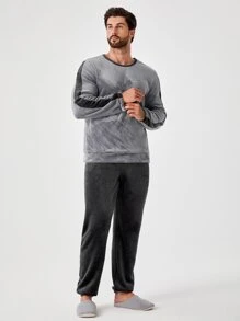 Men Slogan Embroidery Contrast Side Seam Top & Pants PJ Fluffy Set, Fall Winter Clothes, Cozy - Grey - View 4