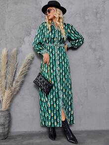 滿版樹葉印花缺口領洋裝 - 綠色 - 查看 3