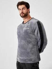 Men Slogan Embroidery Contrast Side Seam Top & Pants PJ Fluffy Set, Fall Winter Clothes, Cozy - Grey - View 5