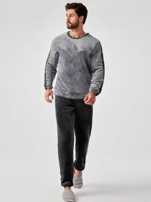 Men Slogan Embroidery Contrast Side Seam Top & Pants PJ Fluffy Set, Fall Winter Clothes, Cozy - Grey - View 6