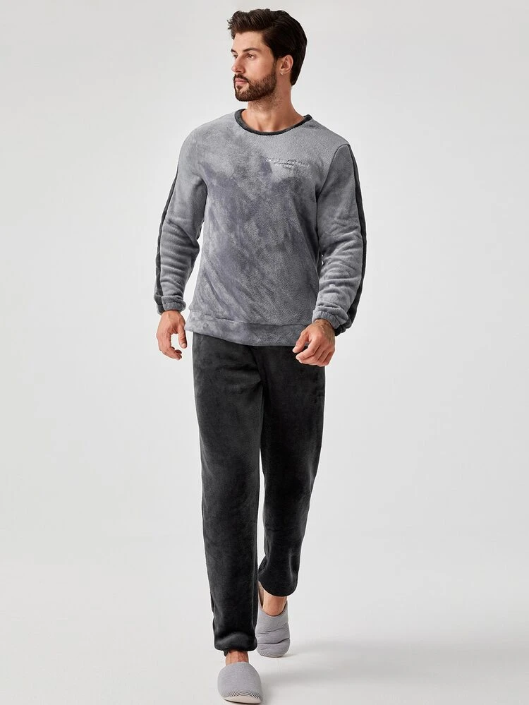 Men Slogan Embroidery Contrast Side Seam Top & Pants PJ Fluffy Set, Fall Winter Clothes, Cozy