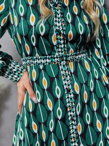 滿版樹葉印花缺口領洋裝 - 綠色 - 查看 4