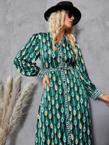 滿版樹葉印花缺口領洋裝 - 綠色 - 查看 5