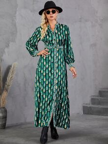 滿版樹葉印花缺口領洋裝 - 綠色 - 查看 6