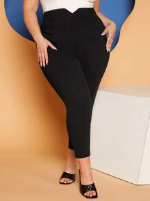 SHEIN CURVE+ Plus Asymmetrical Waist Skinny Trousers - Black - View 1