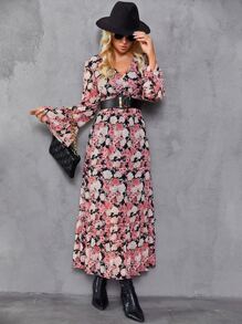 Floral Print Flounce Sleeve Ruffle Hem Dress Without Belt - Multicolor - View 1