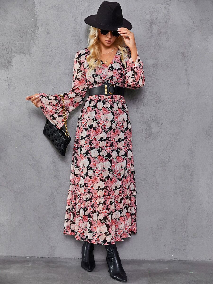 Floral Print Flounce Sleeve Ruffle Hem Dress Without Belt - Multicolor - View 1
