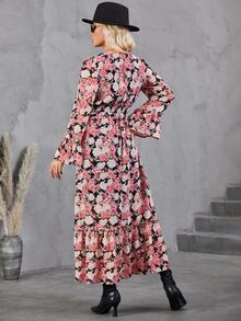 Floral Print Flounce Sleeve Ruffle Hem Dress Without Belt - Multicolor - View 2