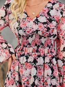 Floral Print Flounce Sleeve Ruffle Hem Dress Without Belt - Multicolor - View 4