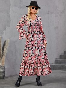 Floral Print Flounce Sleeve Ruffle Hem Dress Without Belt - Multicolor - View 5