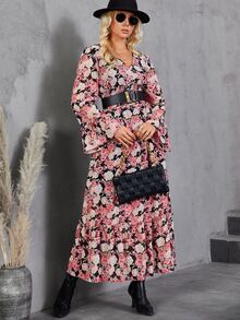 Floral Print Flounce Sleeve Ruffle Hem Dress Without Belt - Multicolor - View 6