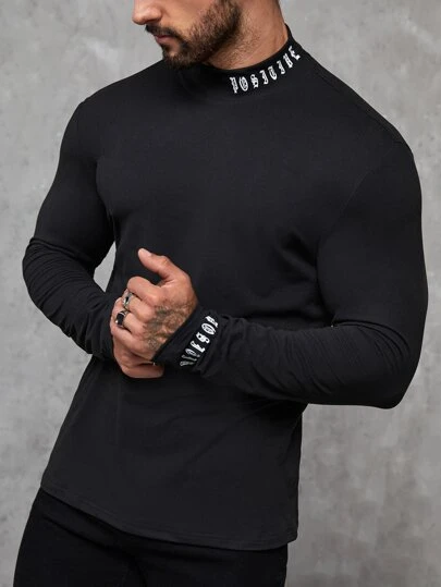 Manfinity Homme Men Letter Graphic Mock Neck Long Sleeve Tee, For Going Out, For Husband, Black Mock Neck Top Men, Men Black Long Sleeve Top, Long Sleeve Mock Neck Top,Fall