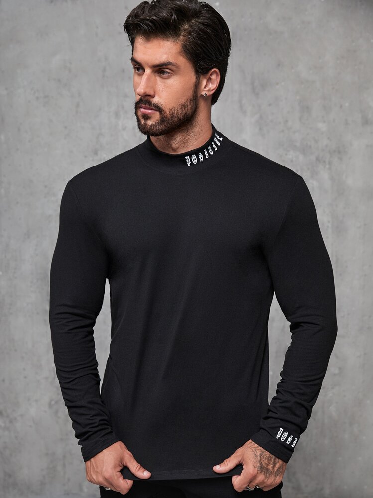 Manfinity Homme Men Letter Graphic Mock Neck Long Sleeve Tee, For Going Out, For Husband, Black Mock Neck Top Men, Men Black Long Sleeve Top, Long Sleeve Mock Neck Top,Fall - Black - View 5
