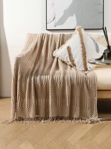 1pc Fringe Trim Throw Blanket - Khaki - View 1