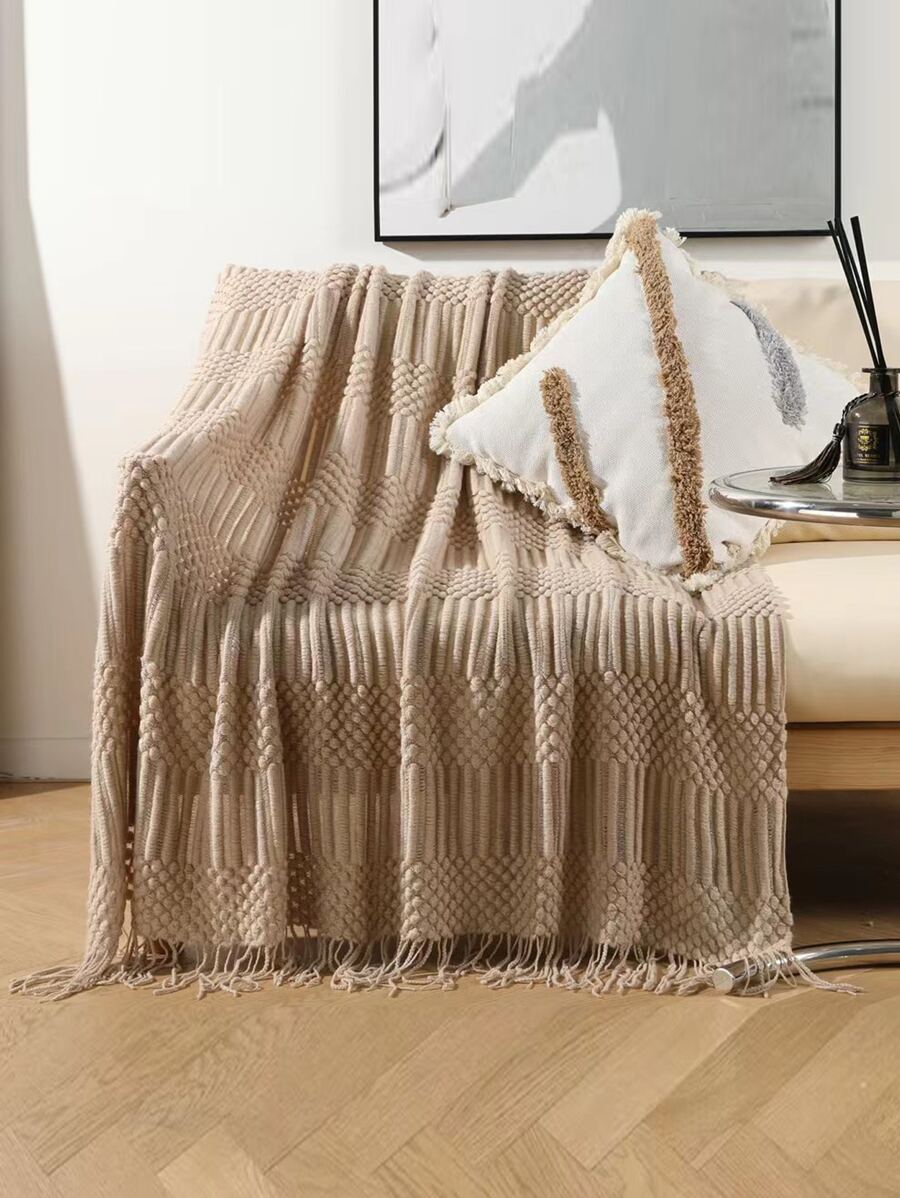 1pc Fringe Trim Throw Blanket - Khaki - View 1