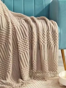 1pc Fringe Trim Throw Blanket - Khaki - View 5