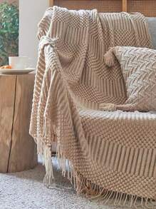 1pc Fringe Trim Throw Blanket - Khaki - View 2