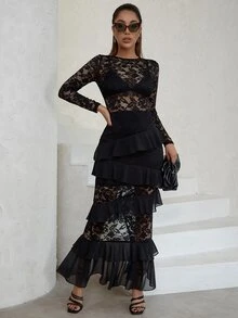 Eilly Bazar Vestido ribete con fruncido con encaje sin sujetador - Negro - Ver 3