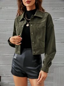 SHEIN LUNE Áo khoác nữ Nút phía trước màu trơn Giải trí - xanh quân đội - Xem 3