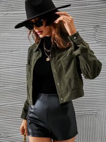 SHEIN LUNE Áo khoác nữ Nút phía trước màu trơn Giải trí - xanh quân đội - Xem 4