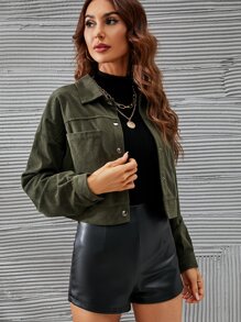 SHEIN LUNE Áo khoác nữ Nút phía trước màu trơn Giải trí - xanh quân đội - Xem 5