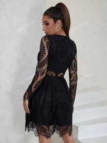 Eilly Bazar Sheer Insert Scallop Trim Lace Dress
