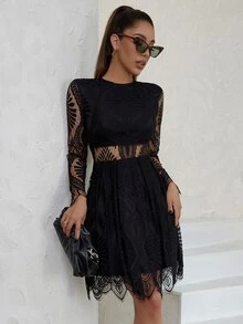 Eilly Bazar 薄透拼接貝殼邊蕾絲洋裝