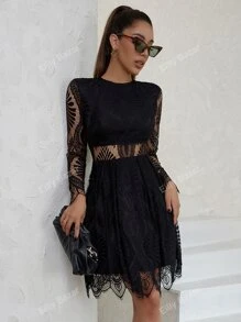 Eilly Bazar Sheer Insert Scallop Trim Lace Dress