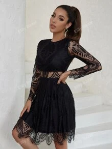 Eilly Bazar Sheer Insert Scallop Trim Lace Dress