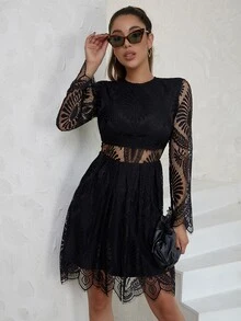 Eilly Bazar 薄透拼接貝殼邊蕾絲洋裝